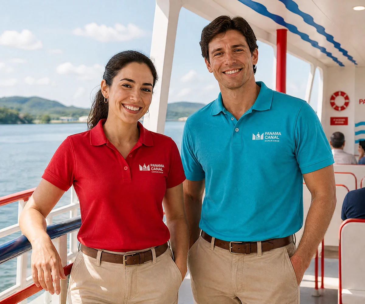 Equipo de Panama Canal Experience a bordo, uniformado, junto a pasajeros