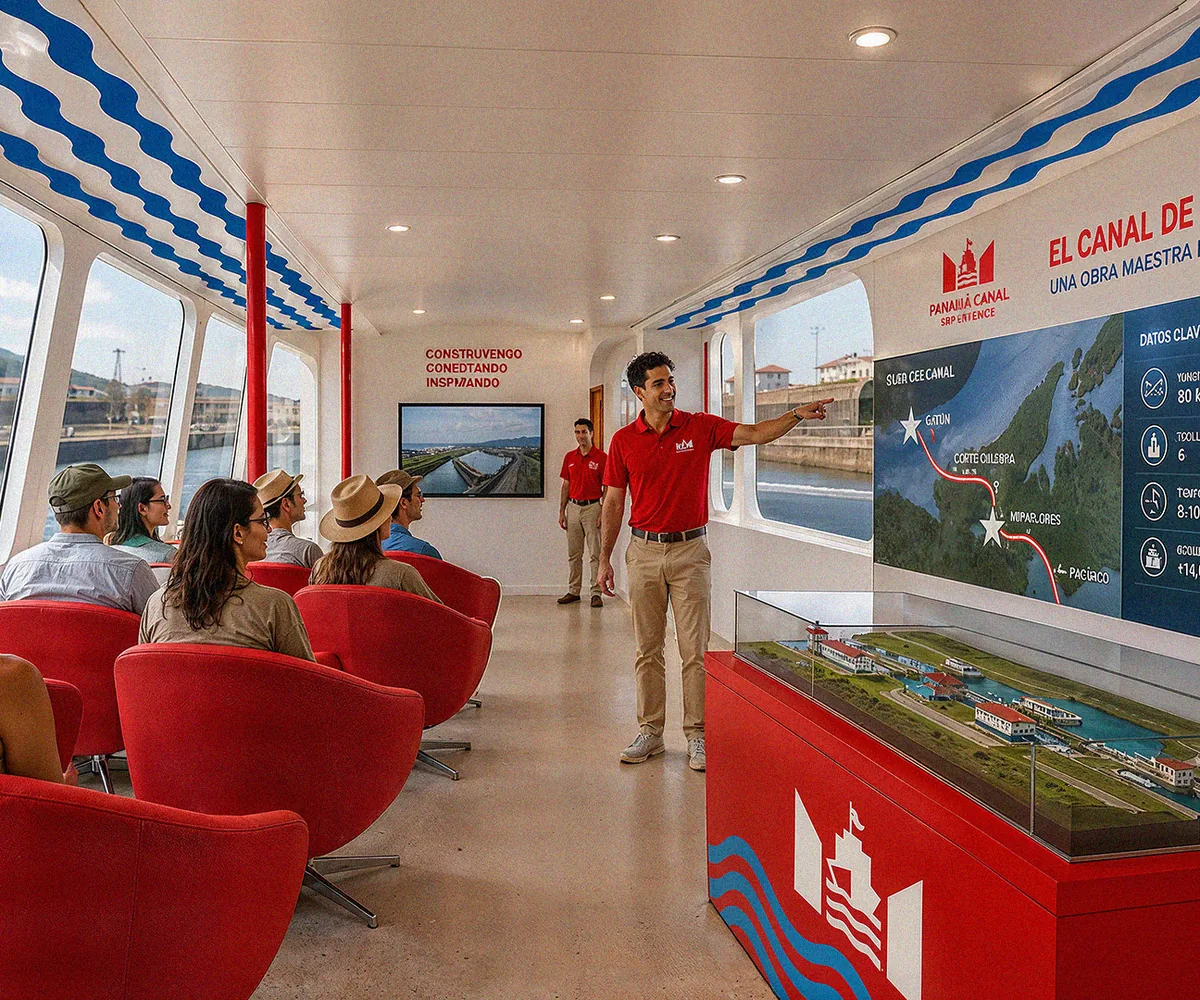 Guía de Panama Canal Experience explicando el Canal de Panamá a bordo a un grupo de pasajeros